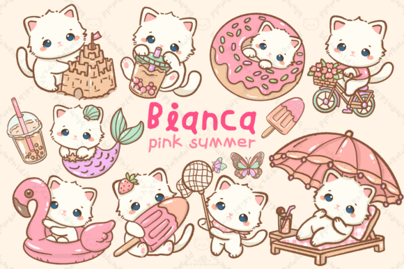 Download Kawaii White Cat Pink Summer Clipart - White Collection
